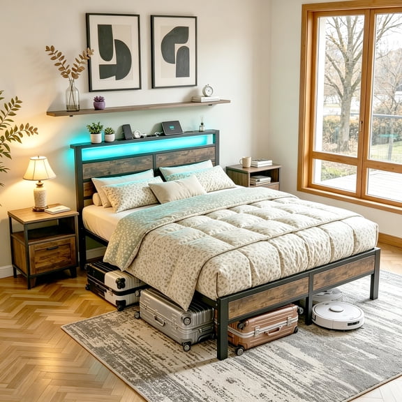 Kbun Full Size Bed Frame with Headboard, LED Lights & Charging Station, No Box Spring Needed, Noise-Free, Easy Assembly