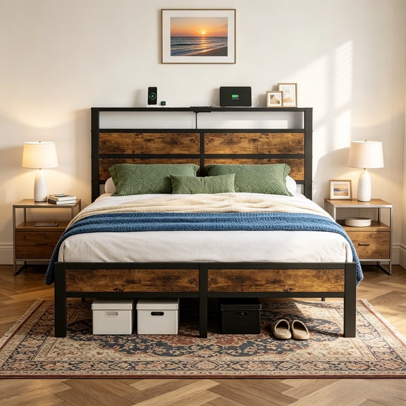 Kbun Full Size Bed Frame with Headboard, LED Lights & Charging Station, No Box Spring Needed, Noise-Free, Easy Assembly