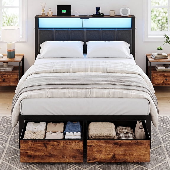 Kbun Full Size Bed Frame with 2 Storage Drawers and Charging Station,Metal Platform Bed with Upholstered Tufted Storage Headboard, Noise-Free, No Box Spring Needed, Easy Assembly, Rustic