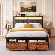 Kbun Full Size Bed Frame with Charging Station, LED Lights, Metal Platform Bed Frames Upholstered with 2 Large Storage Drawers,No Box Spring Needed