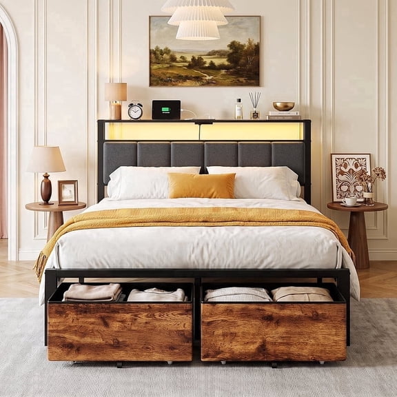 Kbun Full Size Bed Frame with Charging Station, LED Lights, Metal Platform Bed Frames Upholstered with 2 Large Storage Drawers,No Box Spring Needed