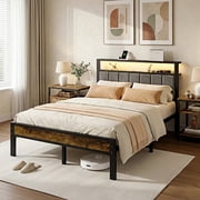 Kbun Full Size Bed Frame with Headboard Storage, Metal Platform Bed, Charging Station, Rustic Wood Upholstered Headboard