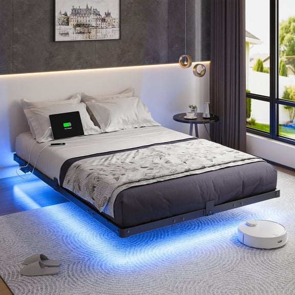 Kbun Full Floating Bed Frame with Smart LED Lights and Charging Station, Heavy Duty Metal Platform Bed Frames, Noise-Free, Under-Bed Storage, No Box Spring Needed