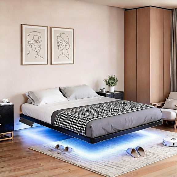 Kbun Full Size Floating Bed Frames with LED Lights and Charging Station, Black, Platform Bed Frame No Box Spring Needed, Noise-Free, Easy Assembly