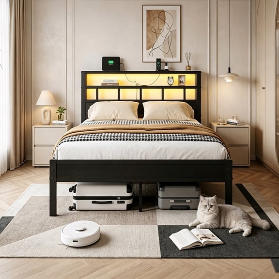 Kbun Full Size LED Metal Bed Frame with 2-Tier Storage Headboard and Charging Station,No Box Spring Needed, Black Oak