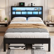 Kbun Full Size LED Metal Bed Frame with 2-Tier Storage Headboard and Charging Station,No Box Spring Needed, Easy Assembly, Black