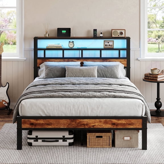 Kbun Full Size LED Metal Bed Frame with 2-Tier Storage Headboard and Charging Station,No Box Spring Needed, Easy Assembly, Brown
