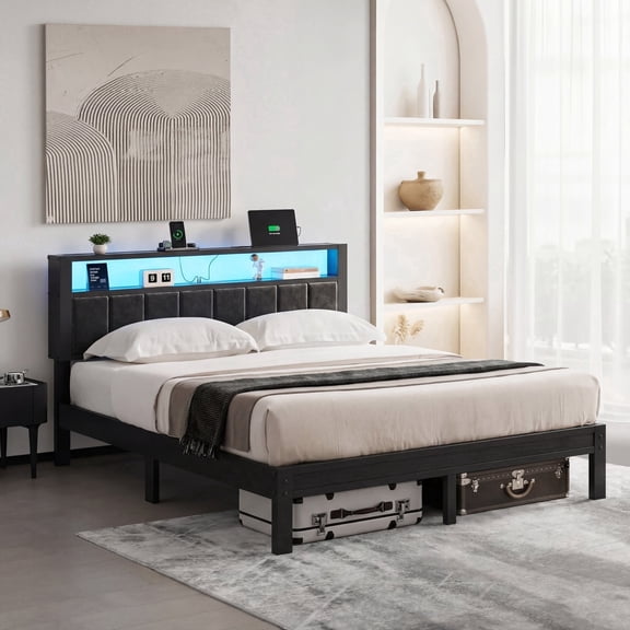 Kbun Full Size Platform Bed Frame with Upholstered Headboard, Metal Bed Frame with LED Light, Heavy Duty Steel Slat Supported Full Bed Frames, No Box Spring Needed, Black