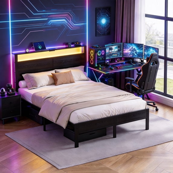 Kbun Full Size Platform Bed Frame with Wood Headboard, Metal Bed Frame with LED Light, Heavy Duty Steel Slat Supported Full Bed Frames, No Box Spring Needed, Black