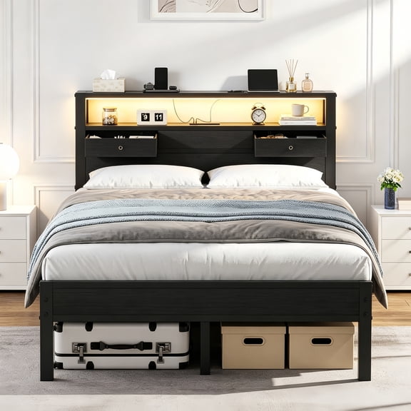 Kbun Full Size Metal Platforrm Bed Frame with LED Lights Headboard, 2 Storage Drawers and Charging Station, No Box Spring Needed, Easy Assembly