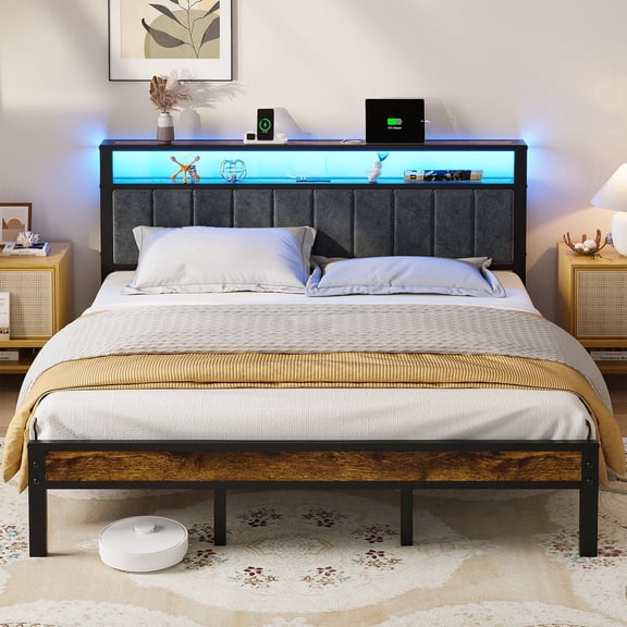 Kbun King Bed Frame with 2-Tier Storage Headboard, Bed Frame King Size with LED Lights and Charging Station, Under Bed Storage Space, No Box Spring Needed, Noise Free