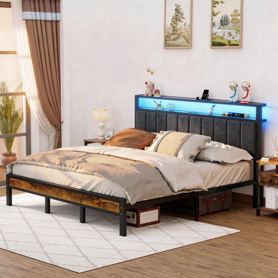 Kbun King Size Bed Frame with Headboard Storage Metal Platform Bed with Charging Station, Upholstered Tufted Storage Headboard,Noise-Free, No Box Spring Needed, Easy Assembly, Rustic