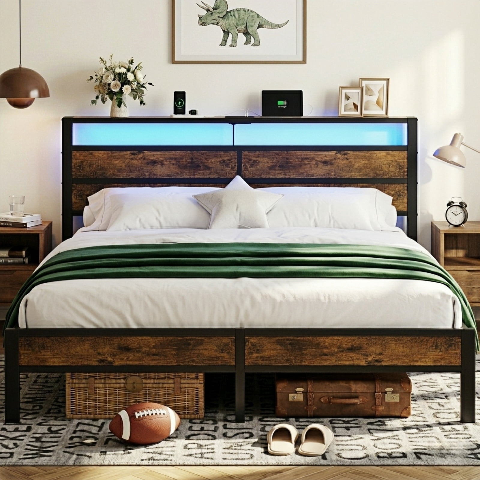 Kbun King Size Bed Frame with Headboard, LED Lights & Charging Station, No Box Spring Needed, Noise-Free, Easy Assembly