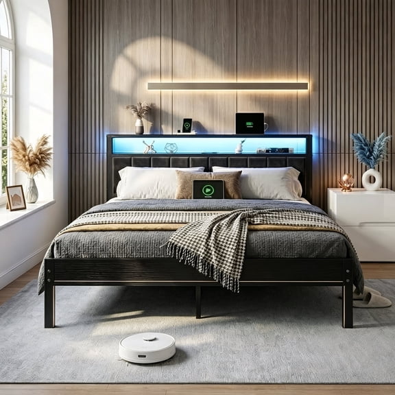 Kbun King Size Platform Bed Frame with Upholstered Headboard and LED Light, Wood Slat Supported