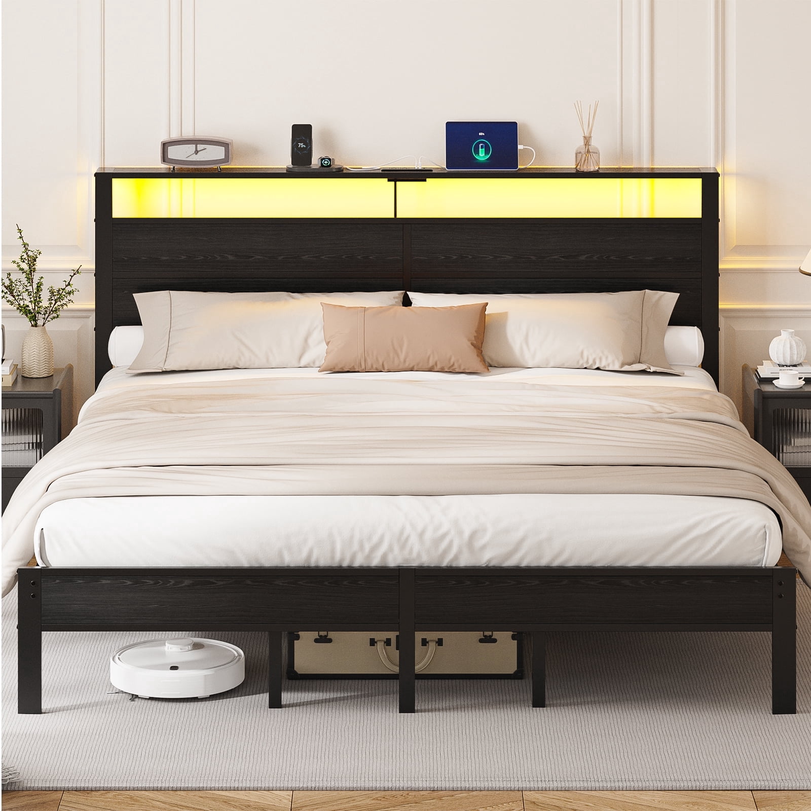 Kbun King Size Platform Bed Frame with Wood Headboard, Metal Bed Frame with LED Light, Heavy Duty Steel Slat Supported Full Bed Frames, No Box Spring Needed, Black