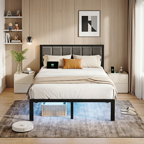 Kbun Full Size Bed Frame with Storage, Metal Platform Bed Frame with Upholstered Headboard, Charage Station and LED Light Strip, Under-Bed Storage, No Box Spring Needed, Easy Assembly, Gray