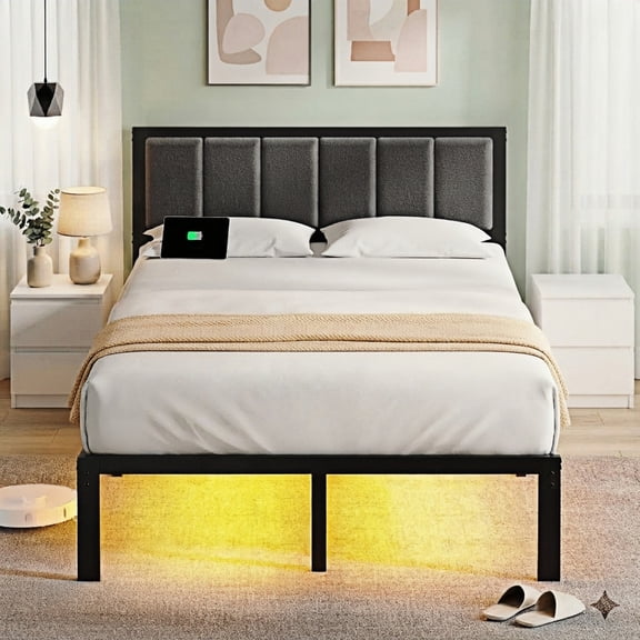 Kbun Full Size Bed Frame with Storage, Metal Platform Bed Frame with Upholstered Headboard, Charage Station and LED Light Strip, Under-Bed Storage, No Box Spring Needed, Easy Assembly, Gray