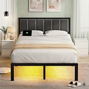 Kbun Full Size Bed Frame with Storage, Metal Platform Bed Frame with Upholstered Headboard, Charage Station and LED Light Strip, Under-Bed Storage, No Box Spring Needed, Easy Assembly, Gray