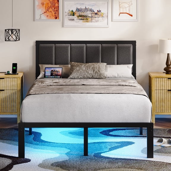 Kbun Full Size Bed Frame with Storage, Metal Platform Bed Frame with Upholstered Headboard, Charage Station and LED Light Strip, Under-Bed Storage, No Box Spring Needed, Easy Assembly, Gray
