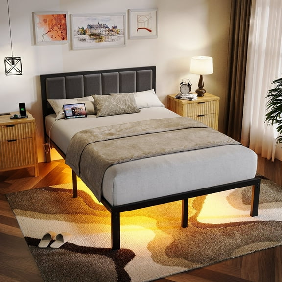 Kbun Metal Platform Bed Frame, Full Bed Frame with Upholstered Headboard, Charage Station and LED Light Strip, Under-Bed Storage, No Box Spring Needed, Easy Assembly, Gray