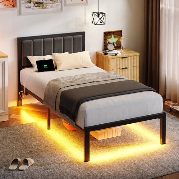 Kbun Metal Platform Bed Frame, Twin Bed Frame with Upholstered Headboard, Charage Station and LED Light Strip, Under-Bed Storage, No Box Spring Needed, Easy Assembly, Gray