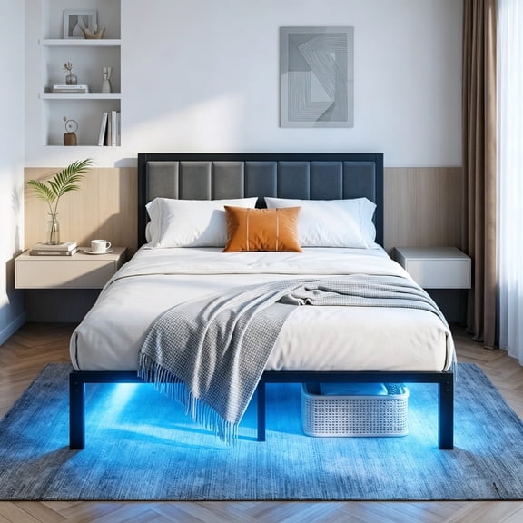 Kbun Queen Bed Frame with Headboard, Outlets and LED Lights, Heavy Duty Metal Platform with Storage Space Under Frame, No Box Spring Needed, Noise Free, Gray