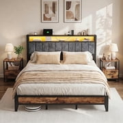 Kbun Queen Size LED Metal Bed Frame with 2-Tier Storage Headboard and Charging Station, No Box Spring Needed, Heavy Duty