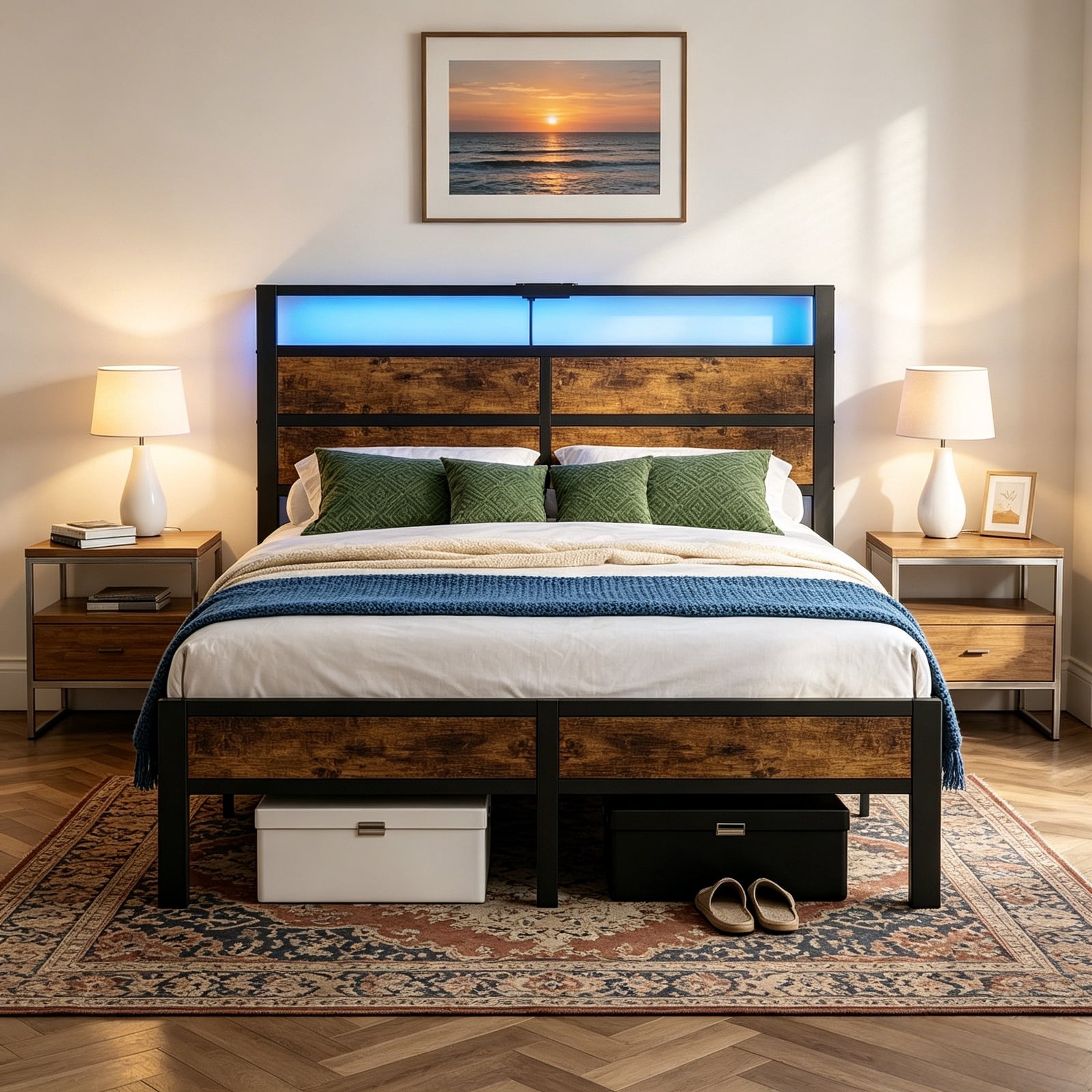 Kbun Queen Size Bed Frame with Headboard, LED Lights & Charging Station, No Box Spring Needed, Noise-Free, Easy Assembly