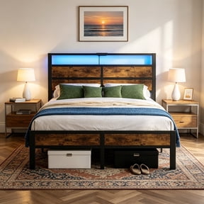 Kbun Queen Size Bed Frame with Headboard, LED Lights & Charging Station, No Box Spring Needed, Noise-Free, Easy Assembly