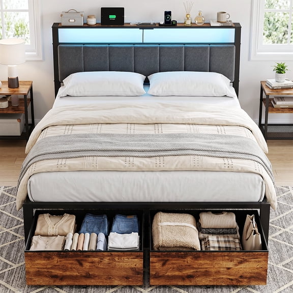 Kbun Queen Size Bed Frame with 2 Storage Drawers and Charging Station,Metal Platform Bed with Upholstered Tufted Storage Headboard, Noise-Free, No Box Spring Needed, Easy Assembly, Rustic