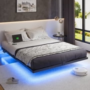 Kbun Queen Floating Bed Frame with Smart LED Lights and Charging Station, Heavy Duty Metal Platform Bed Frame, Noise-Free, Under-Bed Storage, No Box Spring Needed