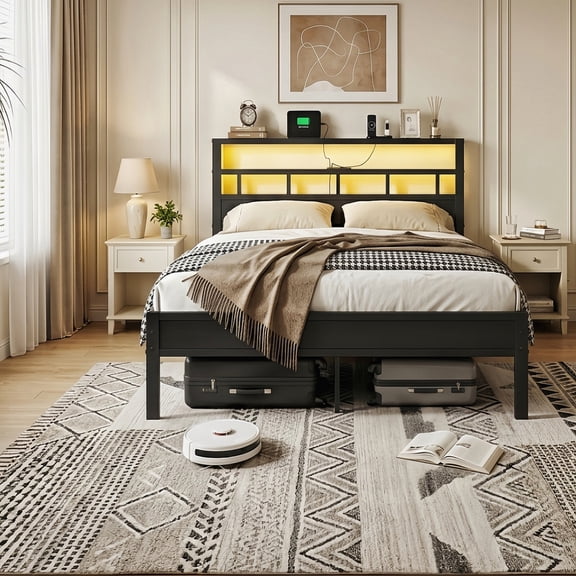 Kbun Queen Size LED Metal Bed Frame with 2-Tier Storage Headboard and Charging Station,No Box Spring Needed, Black Oak