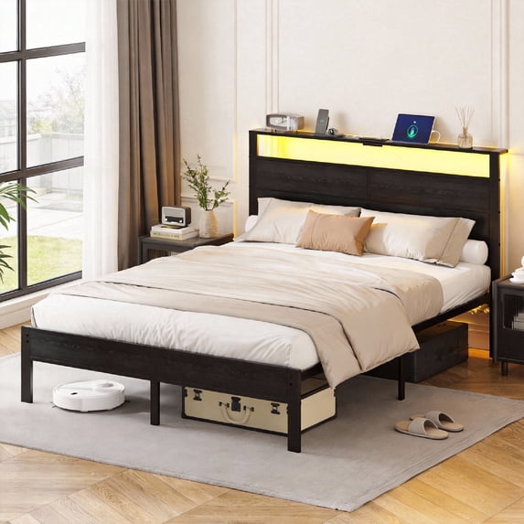 Kbun Queen Size Platform Bed Frame with Fabric Wood Headboard, Metal Bed Frame with LED Light, Heavy Duty Steel Slat Supported Full Bed Frames, No Box Spring Needed, Black
