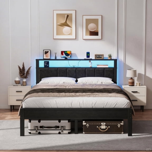 Kbun Queen Size Platform Bed Frame with Upholstered Headboard, Metal Bed Frame with LED Light, Heavy Duty Steel Slat Supported Queen Bed Frames, No Box Spring Needed, Black