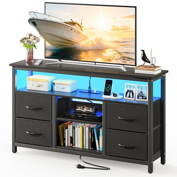 Kbun 47'' W TV Stand with Power Outlets for 33-55 inch TVs, TV Cabinet with Open Storage Shelves and 4 Fabric Dawers, Industrial Media Console Entertainment Center for Living Room Bedroom, Black