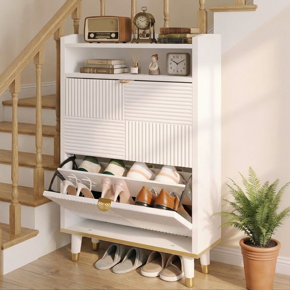 Kbun Tall Shoe Storage Cabinet with 2 Flip Drawers, Hidden Wood Shoe Cabinet for Entryway Hallway, Freestanding Narrow Slim Shoe Organizer Space Saver for Living Room, White