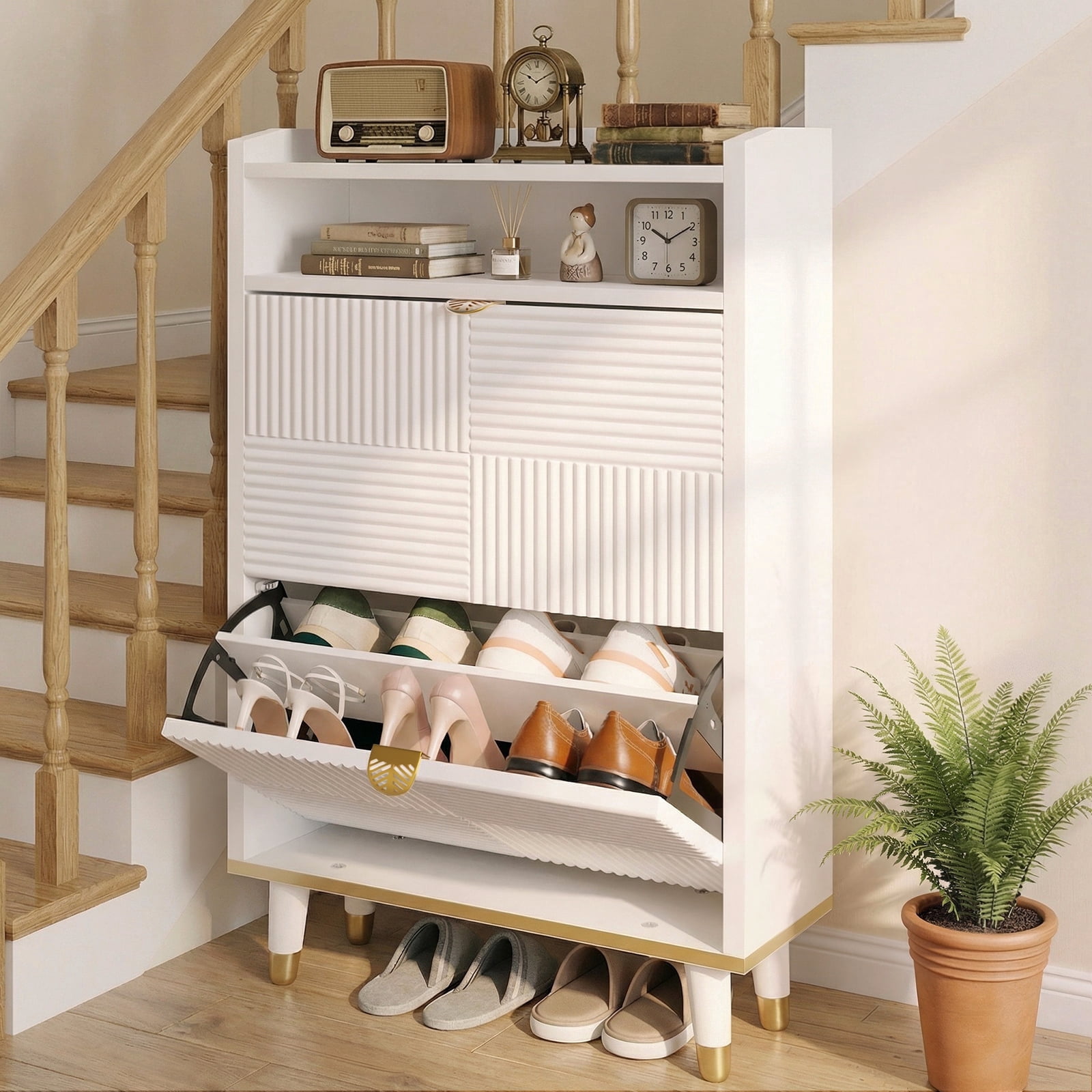 Kbun Tall Shoe Storage Cabinet with 2 Flip Drawers, Hidden Wood Shoe Cabinet for Entryway Hallway, Freestanding Narrow Slim Shoe Organizer Space Saver for Living Room, White