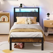 Kbun Twin Bed Frame with LED Lights & Charging Station, Metal Platform Bed Frames with 2-Tier Storage Headboard, Under Bed Storage Space, No Box Spring Needed, Noise Free