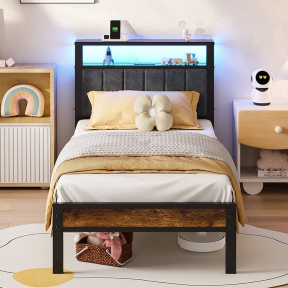 Kbun Twin Bed Frame with LED Lights & Charging Station, Metal Platform Bed Frame with 2-Tier Storage Headboard, Under Bed Storage Space, No Box Spring Needed, Noise Free
