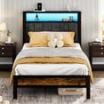 thumbnail image 1 of Kbun Twin Size Bed Frame with Headboard Storage Metal Platform Bed with Charging Station, Upholstered Tufted Storage Headboard,Noise-Free, No Box Spring Needed, Easy Assembly, Rustic, 1 of 8