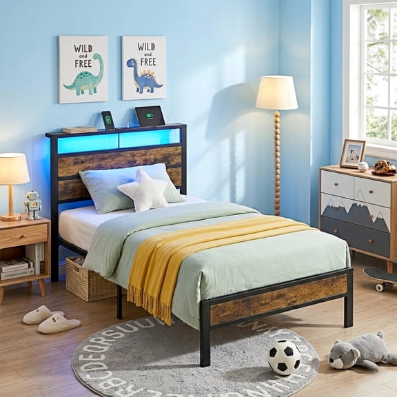 Kbun Twin Size Bed Frame with Wooden Headboard, USB and Type-C Charging Station, Smart LED Lights, Under-Bed Storage, Quiet Metal Platform Twin Size, No Box Spring Required, Easy Assembly
