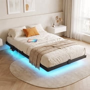 Kbun Twin Size Floating Bed Frames with LED Lights and Charging Station, Black, Platform Bed Frame No Box Spring Needed, Noise-Free, Easy Assembly
