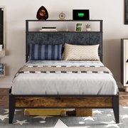 Kbun Twin Size LED Metal Bed Frame with 2-Tier Storage Headboard and Charging Station,No Box Spring Needed, Black Oak