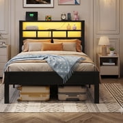 Kbun Twin Size LED Metal Bed Frame with 2-Tier Storage Headboard and Charging Station,No Box Spring Needed, Easy Assembly, Black