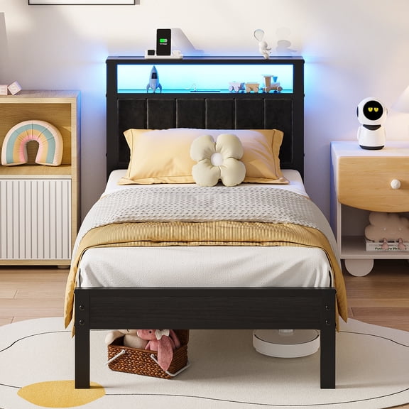 Kbun Twin Size Platform Bed Frame with Upholstered Headboard, Metal Bed Frame with LED Light, Heavy Duty Steel Slat Supported Queen Bed Frames, No Box Spring Needed, Black