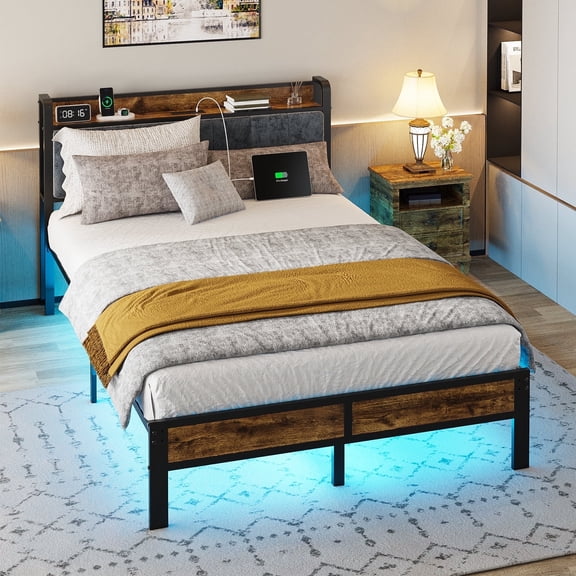 Dayago Full Size Bed Frame with Storage Headboard and Adjustable LED Light, USB and Type-C Port, Heavy Duty Metal Platform Bed Frame with Under Bed Storage, No Box Spring Needed