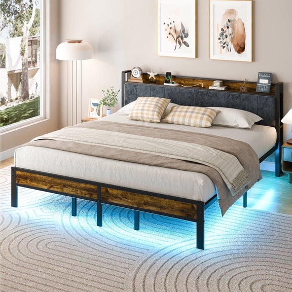 Dayago King Size Bed Frame with Storage Headboard and Adjustable LED Light, USB and Type-C Port, Heavy Duty Metal Platform Bed Frame with Under Bed Storage, No Box Spring Needed