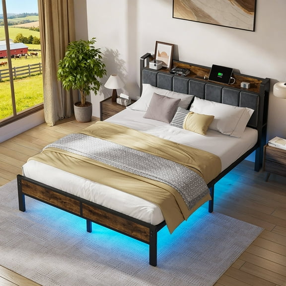 Kbun Queen Size Bed Frame with Storage Headboard and Adjustable LED Light, USB and Type-C Port, Heavy Duty Metal Platform Bed Frame with Under Bed Storage, No Box Spring Needed