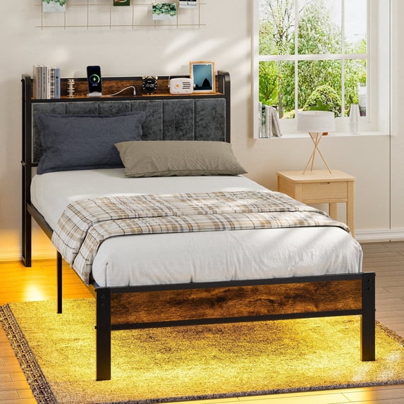 Dayago Twin Size Bed Frame with Storage Headboard and Adjustable LED Light, USB and Type-C Port, Heavy Duty Metal Platform Bed Frame with Under Bed Storage, No Box Spring Needed