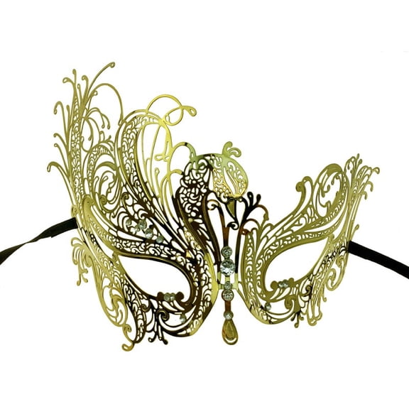 Kbw Women's Swan Metal Filigree Laser Cut Venetian Masquerade Mask, Gold
